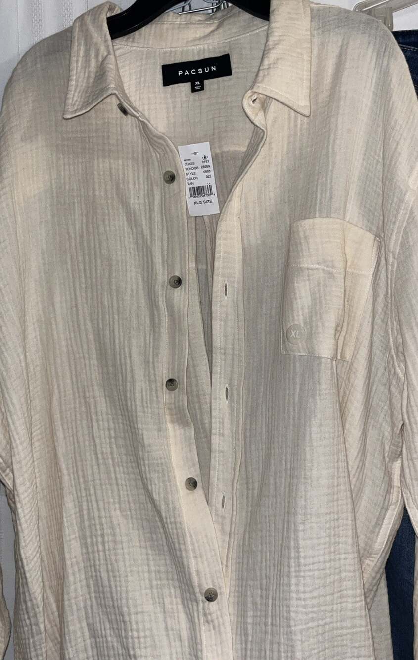 Pacsun XL Tan Long Sleeve Button-Up Shirt Cotton Lightweight Men's NWT